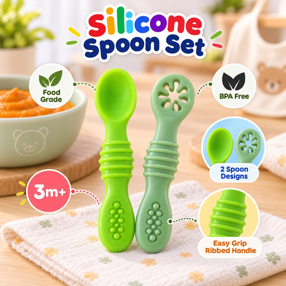 Two green silicone baby spoons with text highlighting features like food grade, BPA free, two designs, and easy grip handles.
