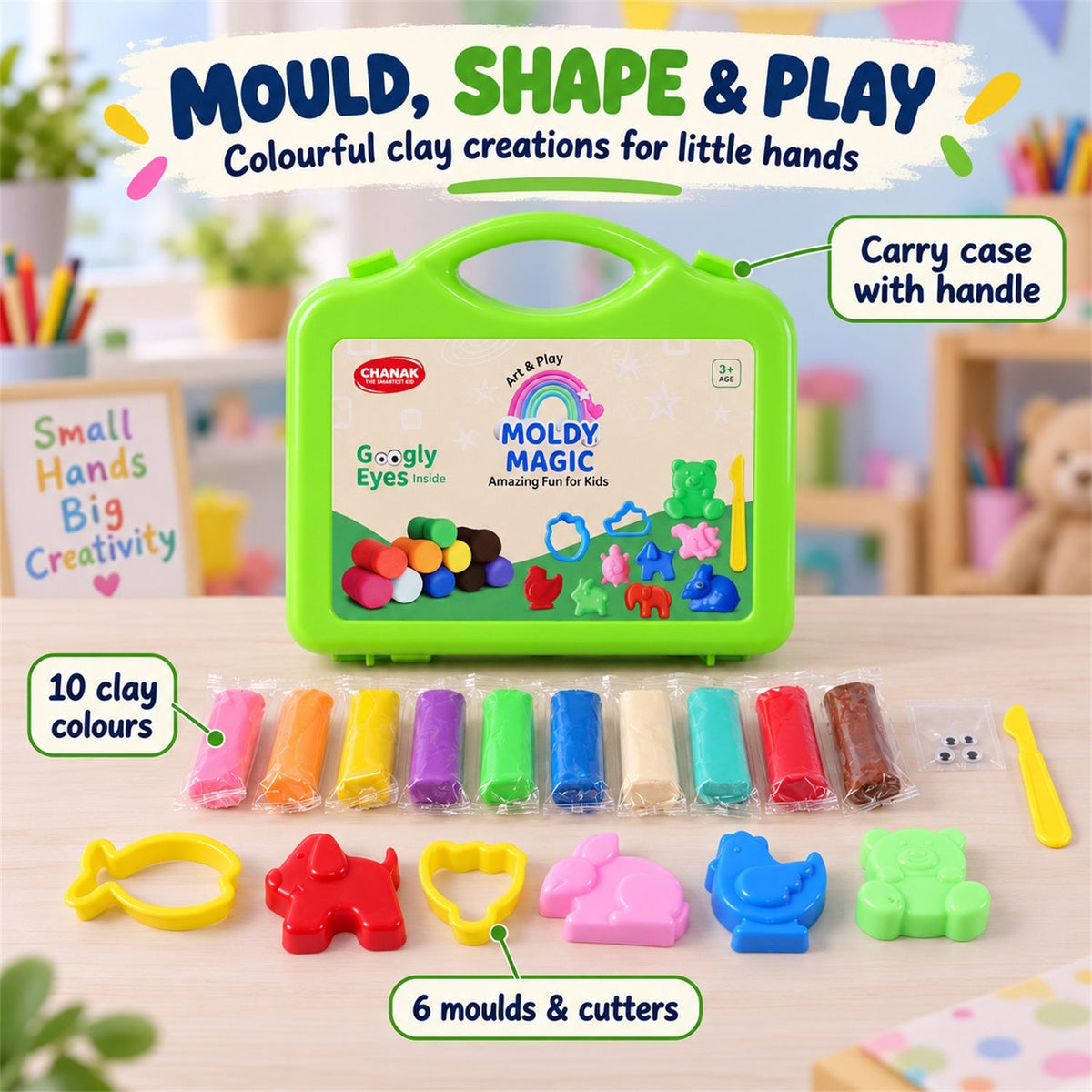 A green case, ten colorful clay packs, six plastic moulds, and a yellow tool are arranged on a wooden table.