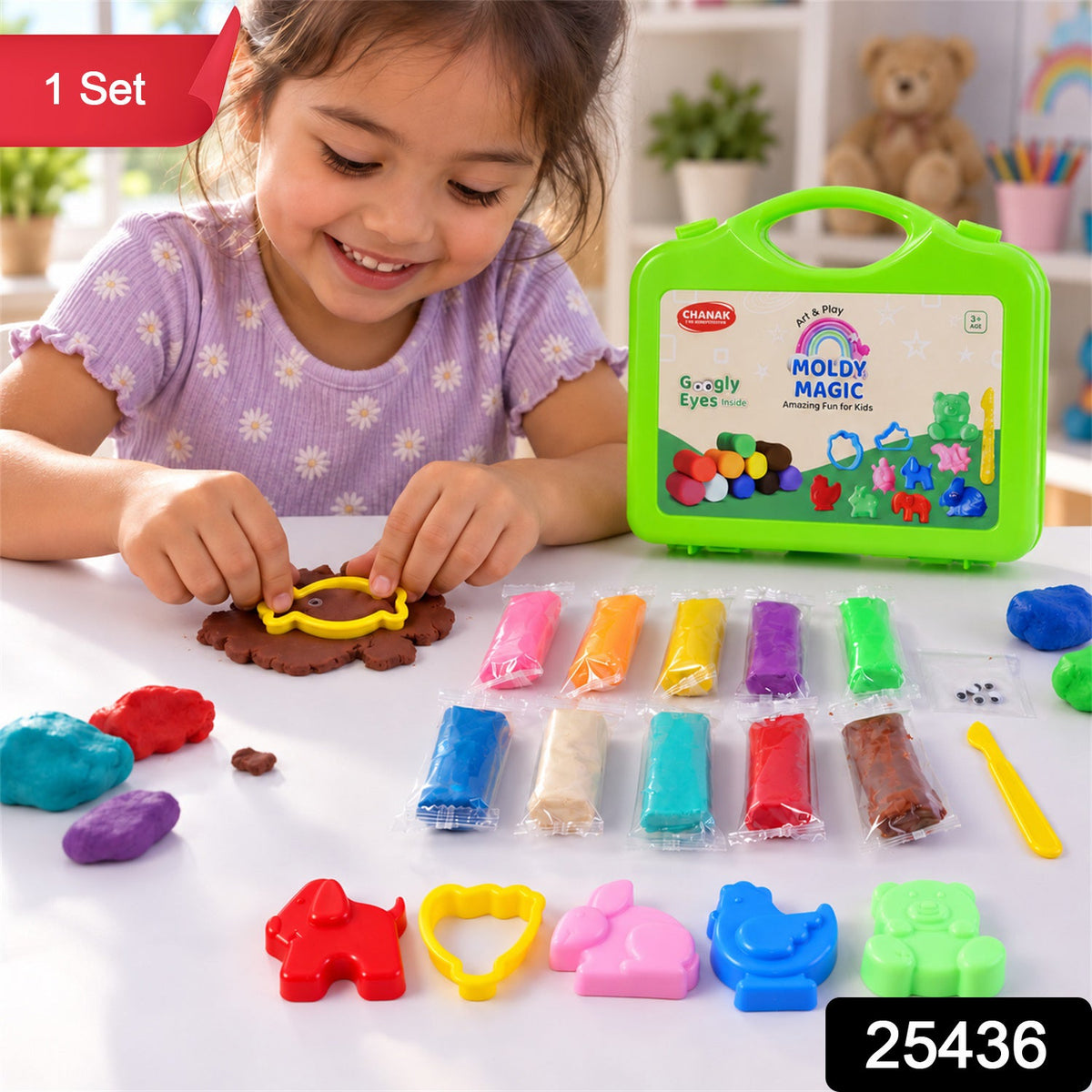 A smiling girl uses a yellow fish mould on brown clay, with a green case and colorful clay packs nearby. – view 2
