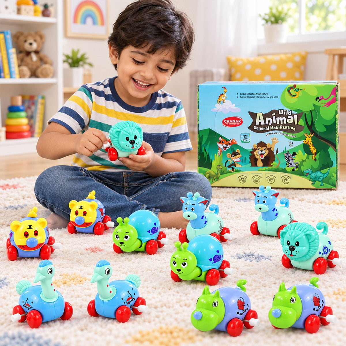 A young boy smiles while playing with a light blue wind-up lion toy, surrounded by other colorful animal toys on a rug.