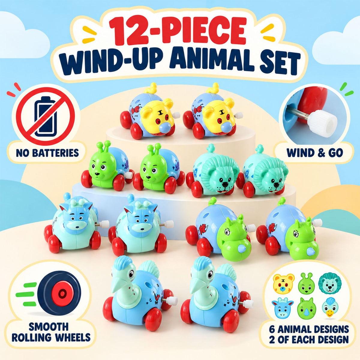 A close-up view of twelve different wind-up animal toys in various colors, including blue, yellow, and green, with red