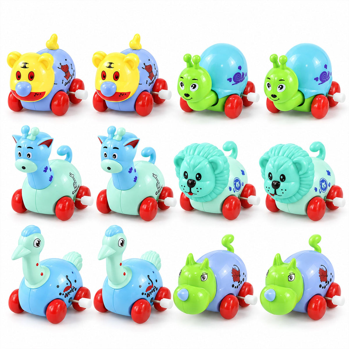 Twelve wind-up animal toys are displayed in a white plastic tray in front of their colorful product box featuring cartoon