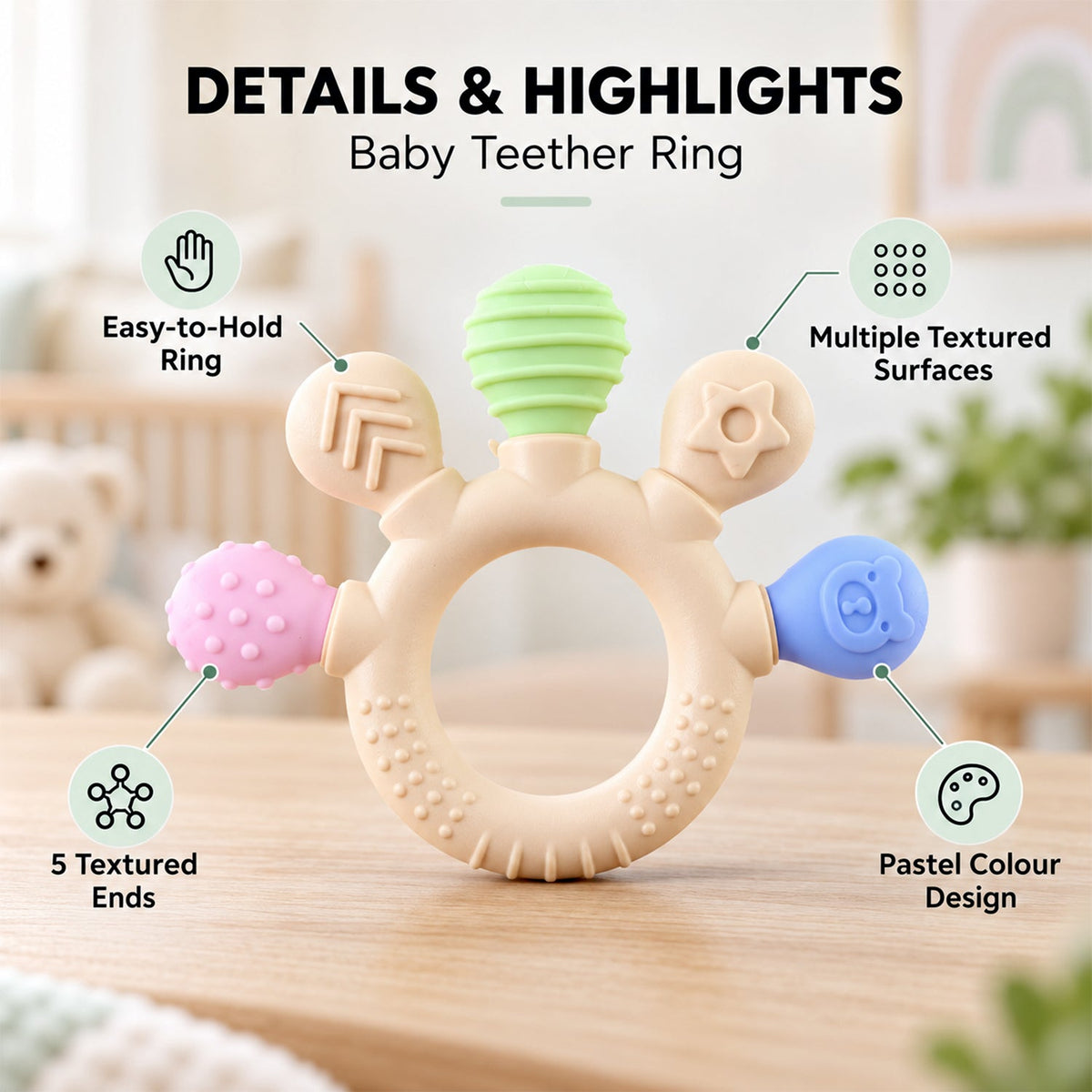 A beige teether with green, pink, and blue textured ends is highlighted with callouts for its features.