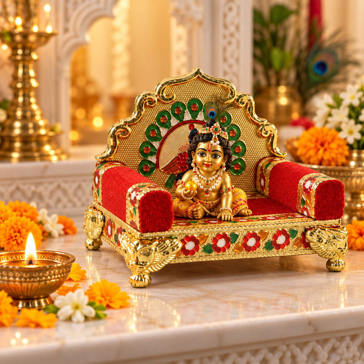 A gold and red throne with a peacock design, featuring a small idol of Laddu Gopal seated on it.