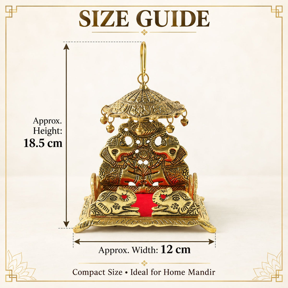 A gold-colored brass deity throne with an umbrella and red seat, displayed with approximate height and width measurements.