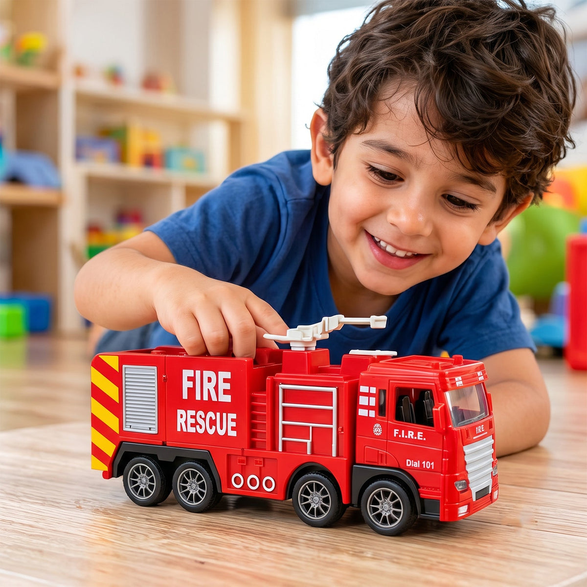 A child's hands playing with a red plastic fire truck toy on a wooden floor, smiling at the camera.
