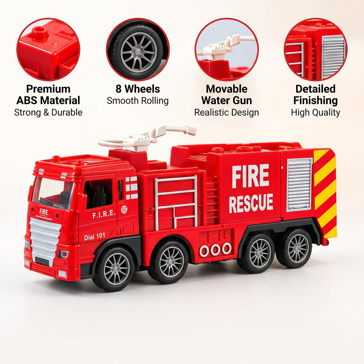 A red plastic fire truck toy on a white surface, with four circular insets highlighting its features.