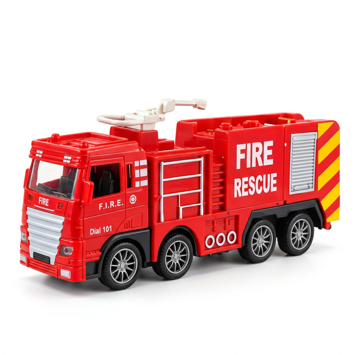 A red plastic fire truck toy with a white ladder on top, positioned on a clean white background.