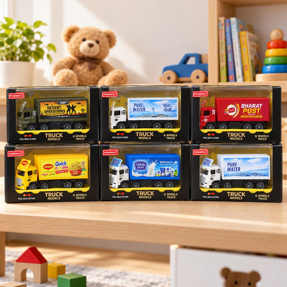 Six different colored toy trucks with various brand logos are displayed in their individual packaging on a wooden shelf.