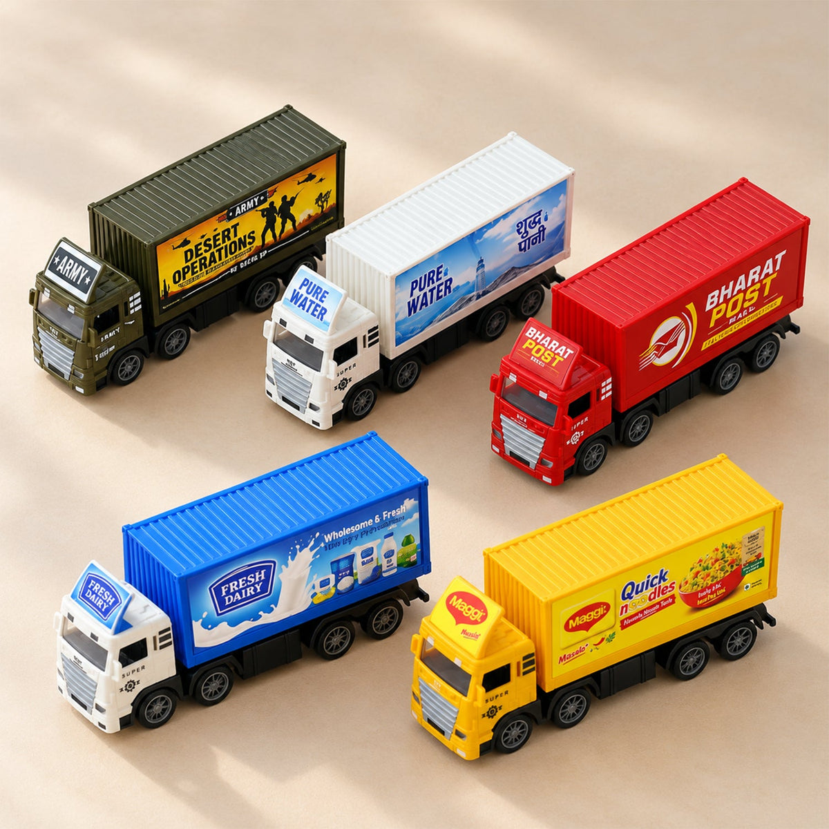 Six colorful toy trucks with various brand logos are neatly arranged in two rows on a plain white surface.