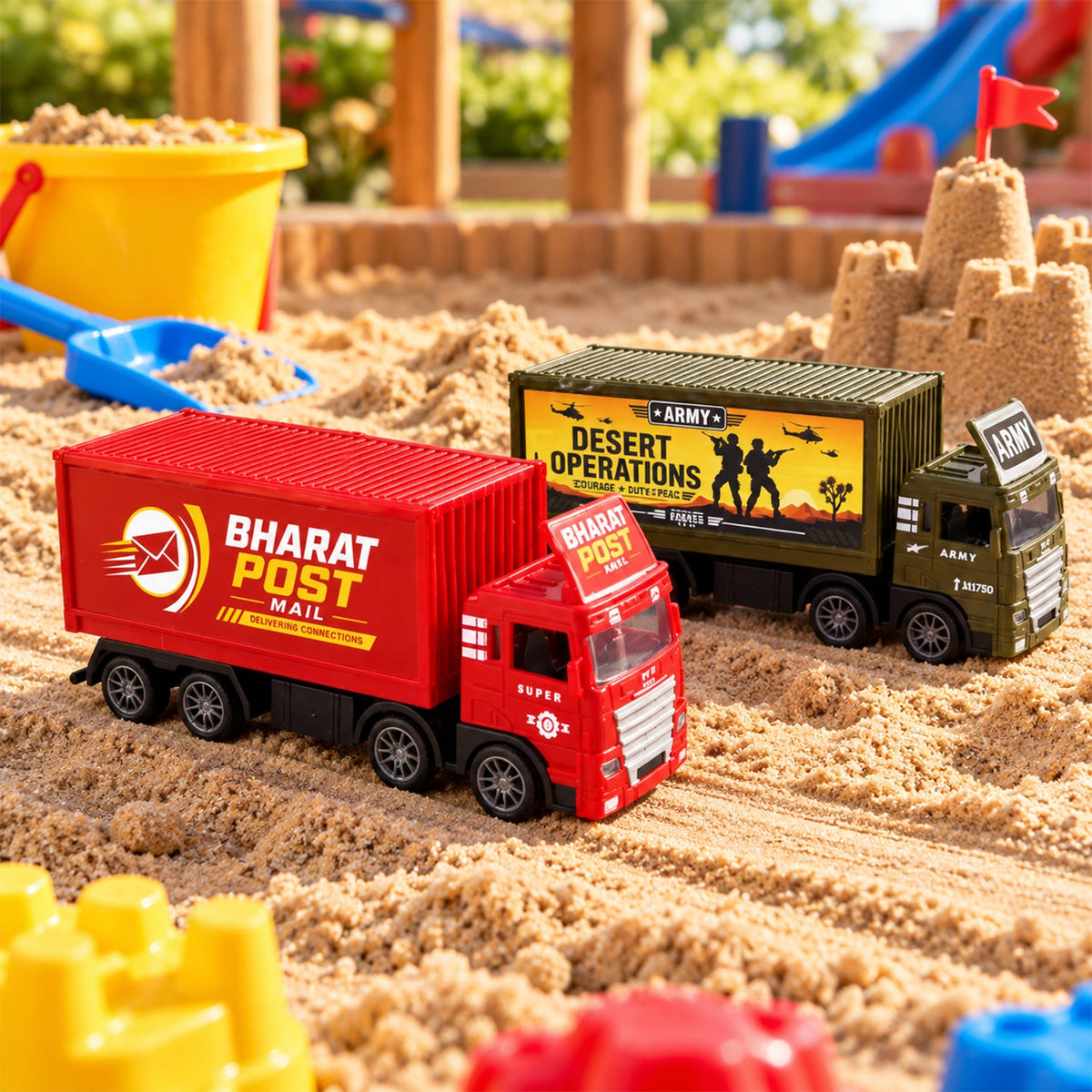 Single pullback container truck toy on a plain white background