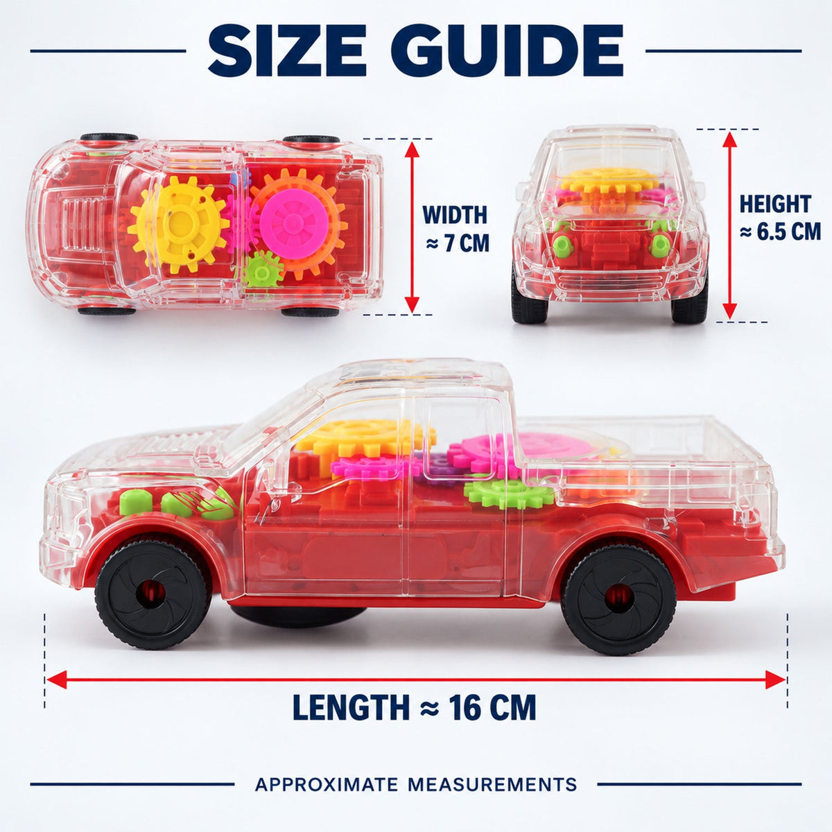Three views of the transparent red toy truck with measurements for length, width, and height against a white backdrop.