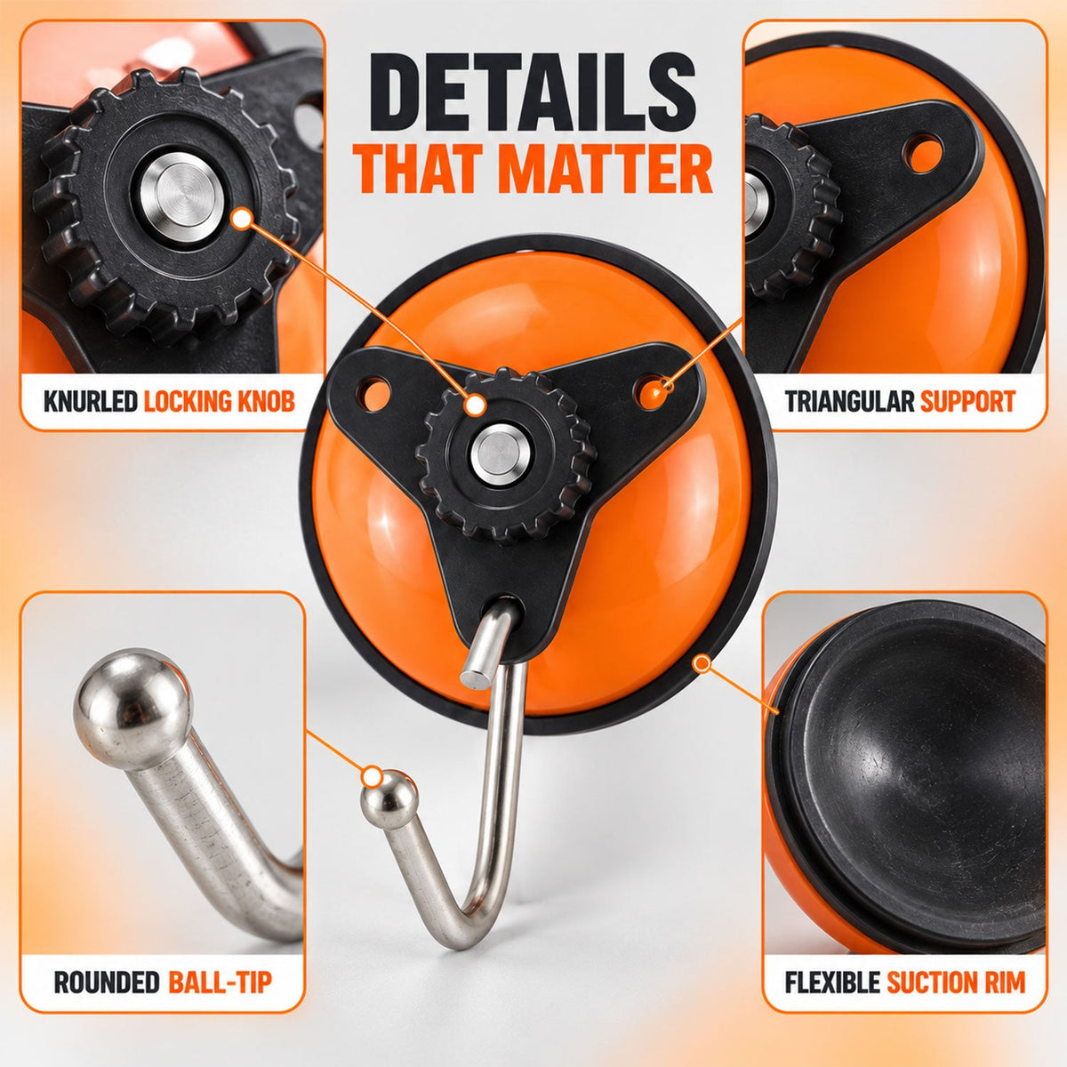 A detailed view of an orange suction cup hook, highlighting its knurled locking knob, triangular support, rounded ball-tip,