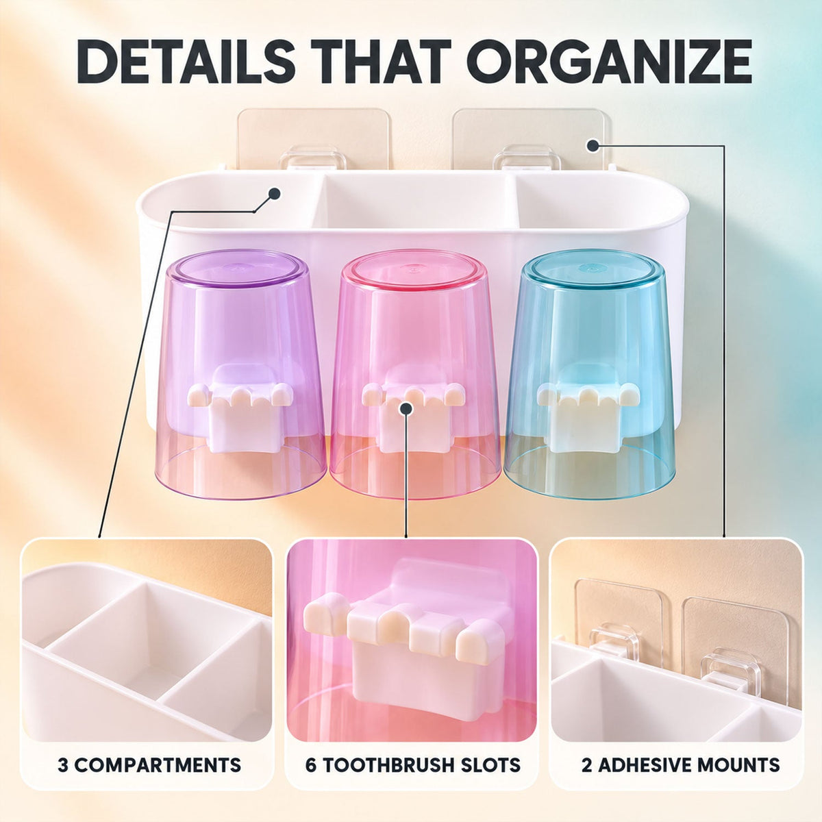 Wall mounted toothbrush holder with three cups - product view 4