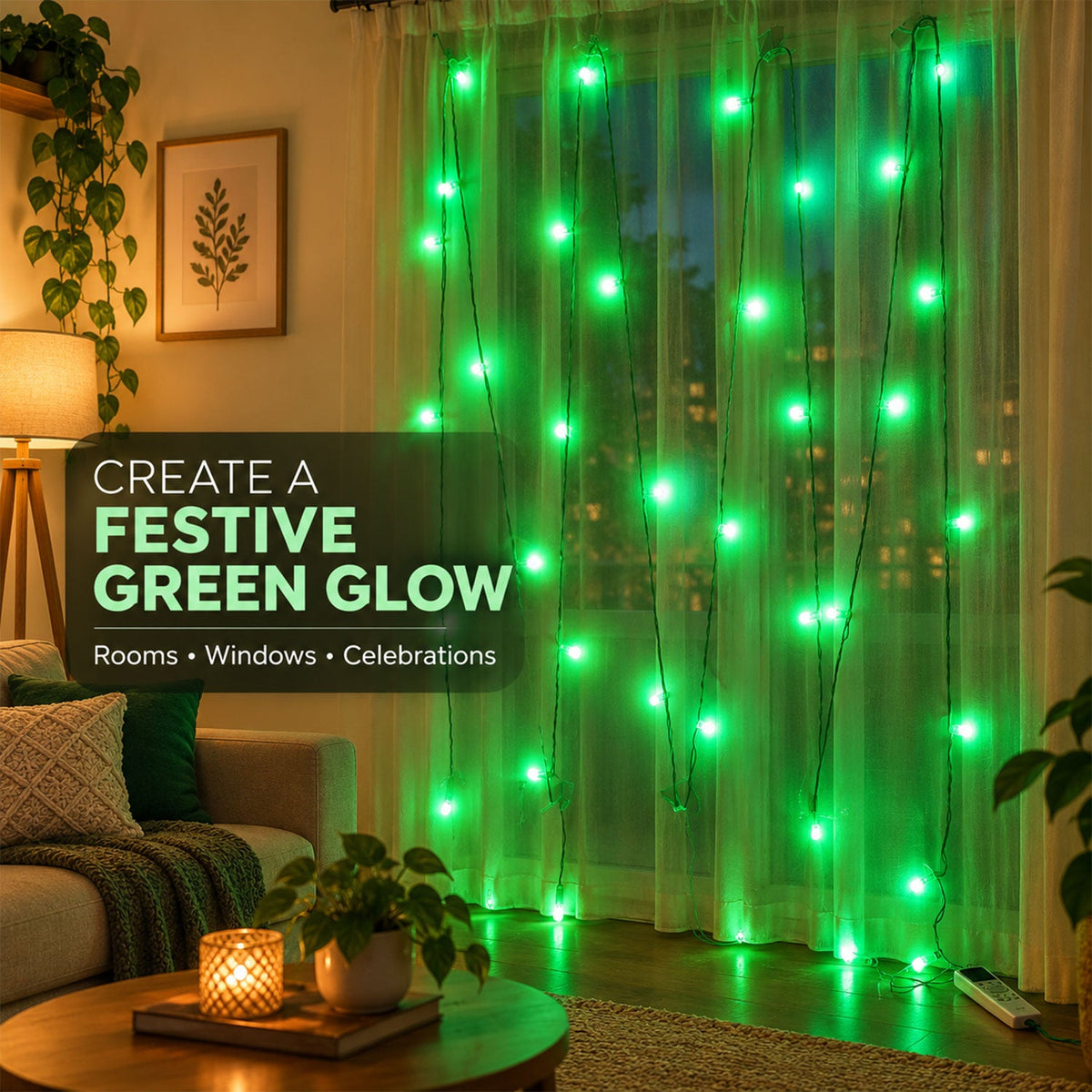 Green LED string lights create a festive glow on sheer curtains in a cozy living room setting.