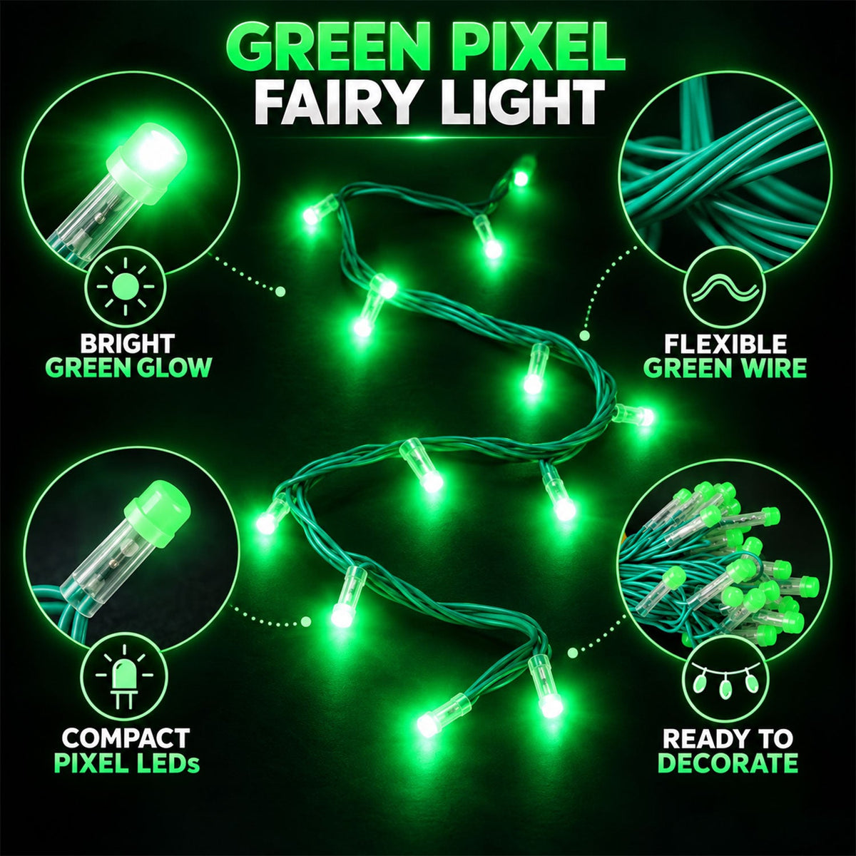 A graphic showing the features of the green pixel fairy lights, including their bright glow and flexible wire.