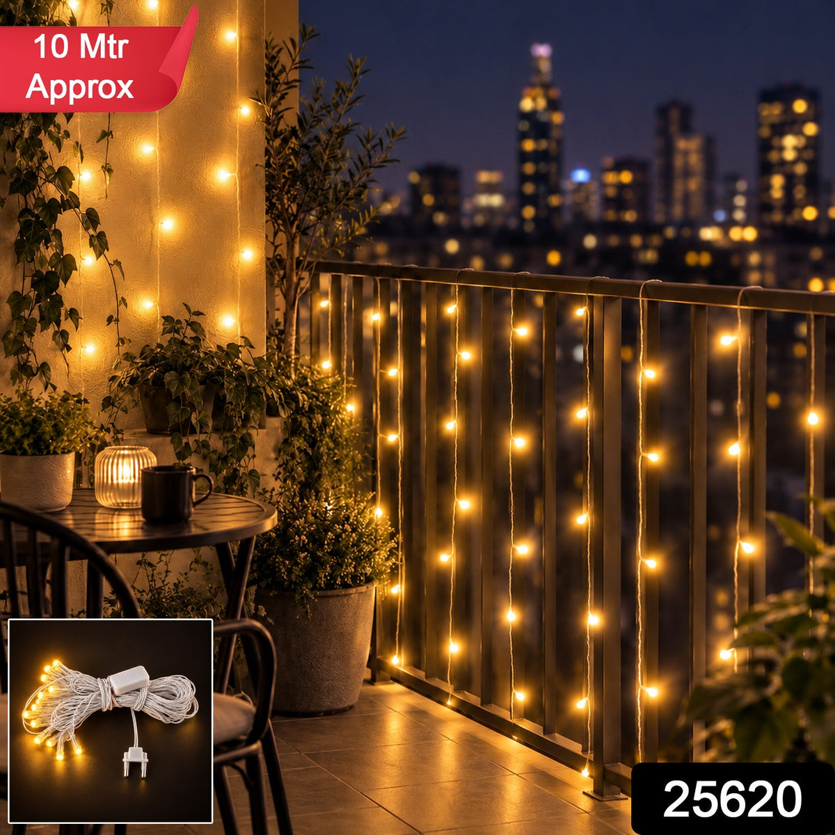 A balcony at night, featuring warm yellow LED string lights on the railing and wall, with a city skyline visible.