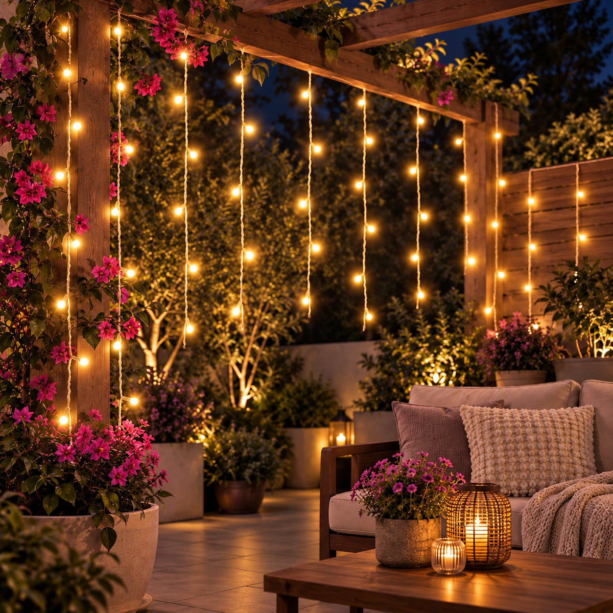 An outdoor patio at night, decorated with warm yellow LED string lights hanging from a wooden pergola and flowering plants.