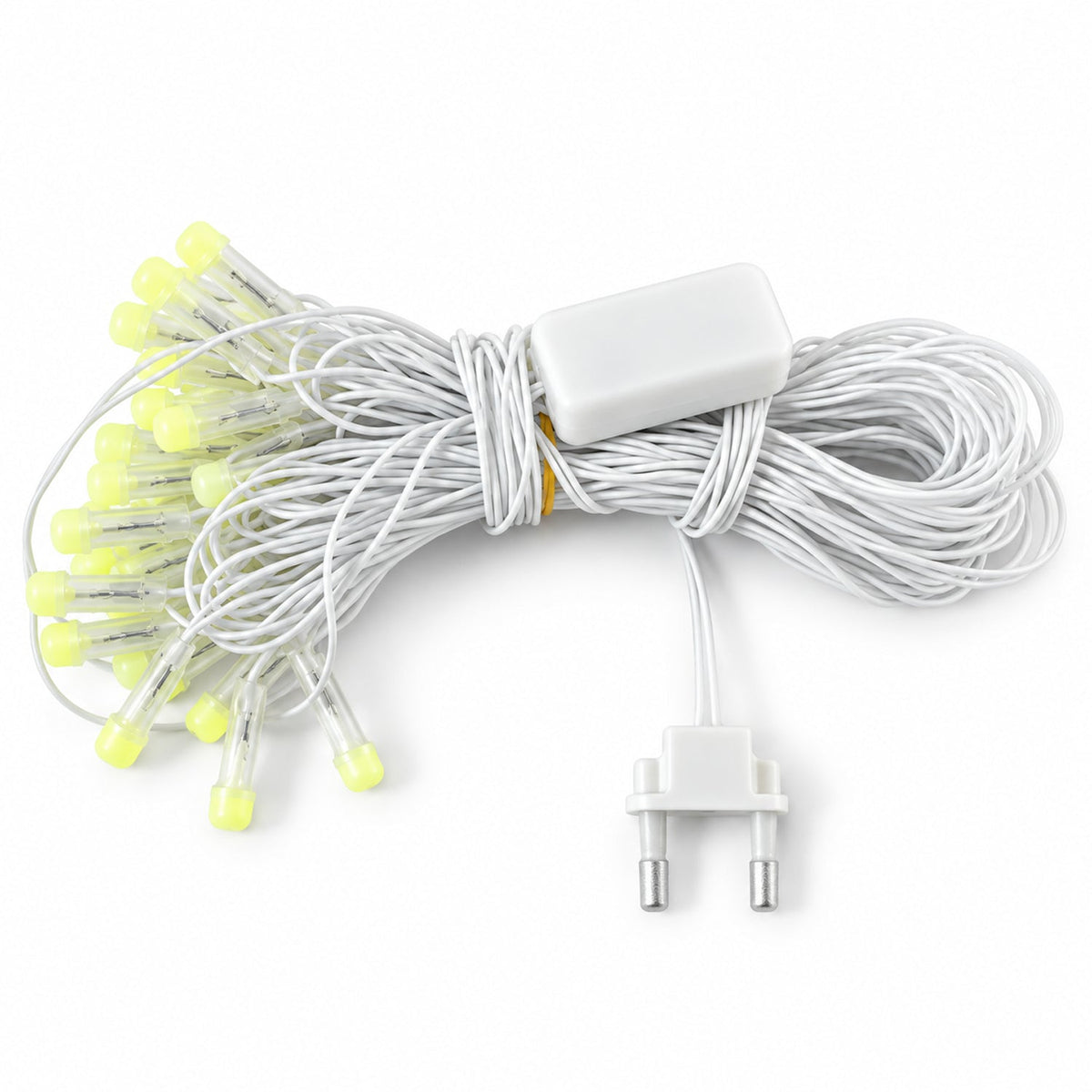 A coiled white LED string light set with clear bulbs and a power adapter, featuring a two-pin plug on a white background.