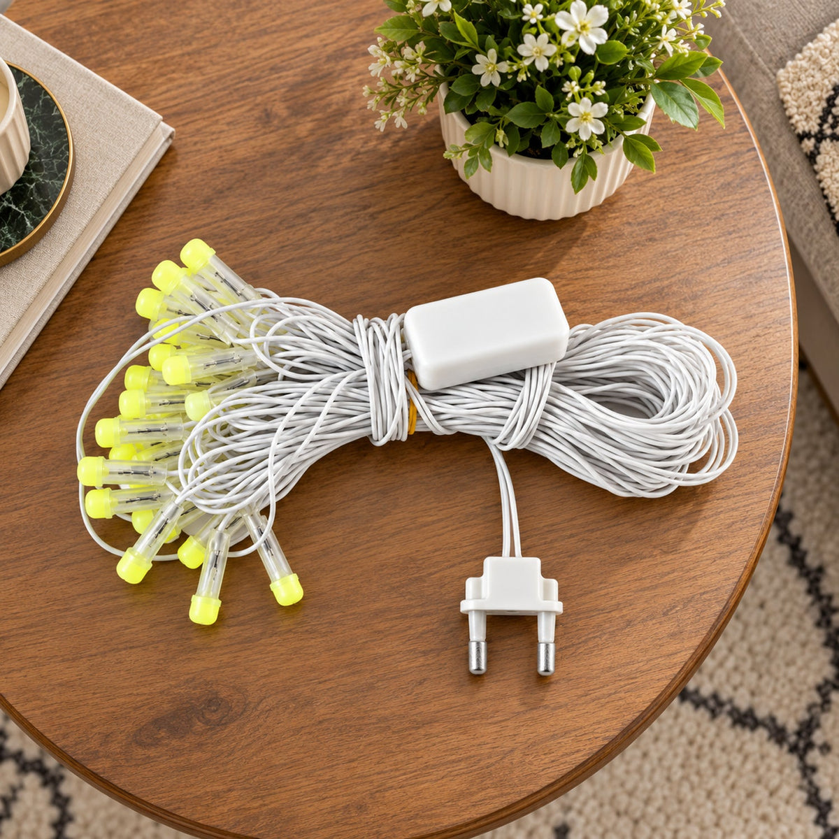 A coiled white LED string light set with clear bulbs and a power adapter, resting on a wooden table next to a potted plant.