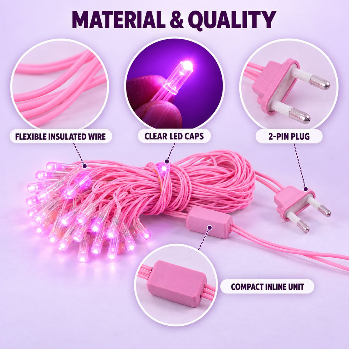 Detailed view of pink LED curtain lights, highlighting the flexible wire, clear caps, and 2-pin plug components.