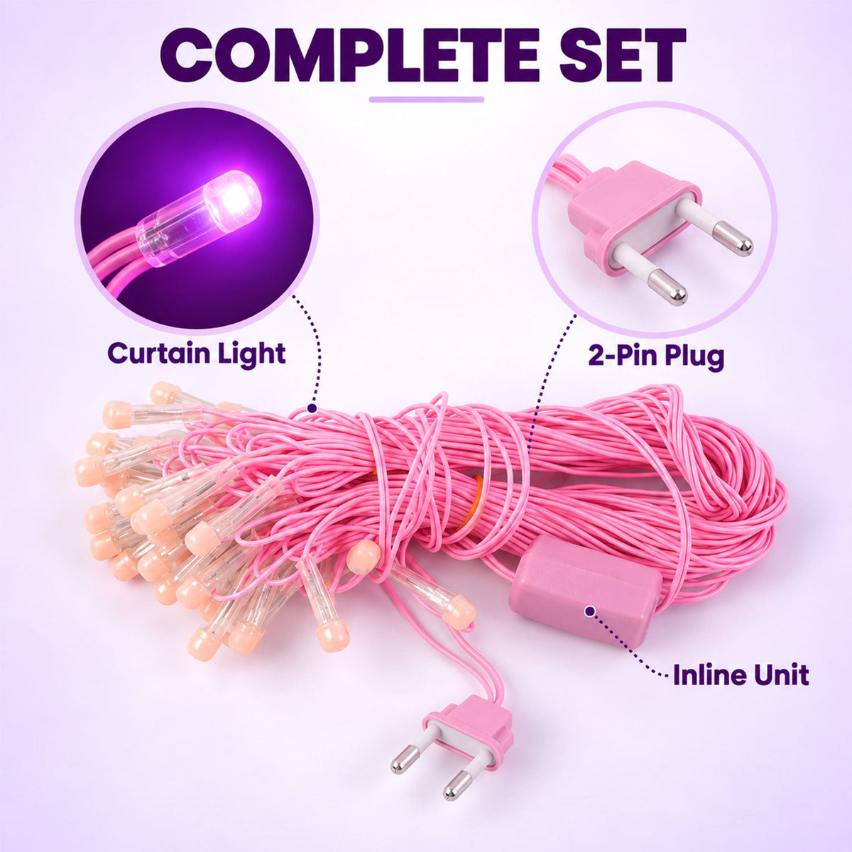 A coiled set of pink curtain lights with a 2-pin plug and inline unit, featuring a close-up of a single glowing LED.