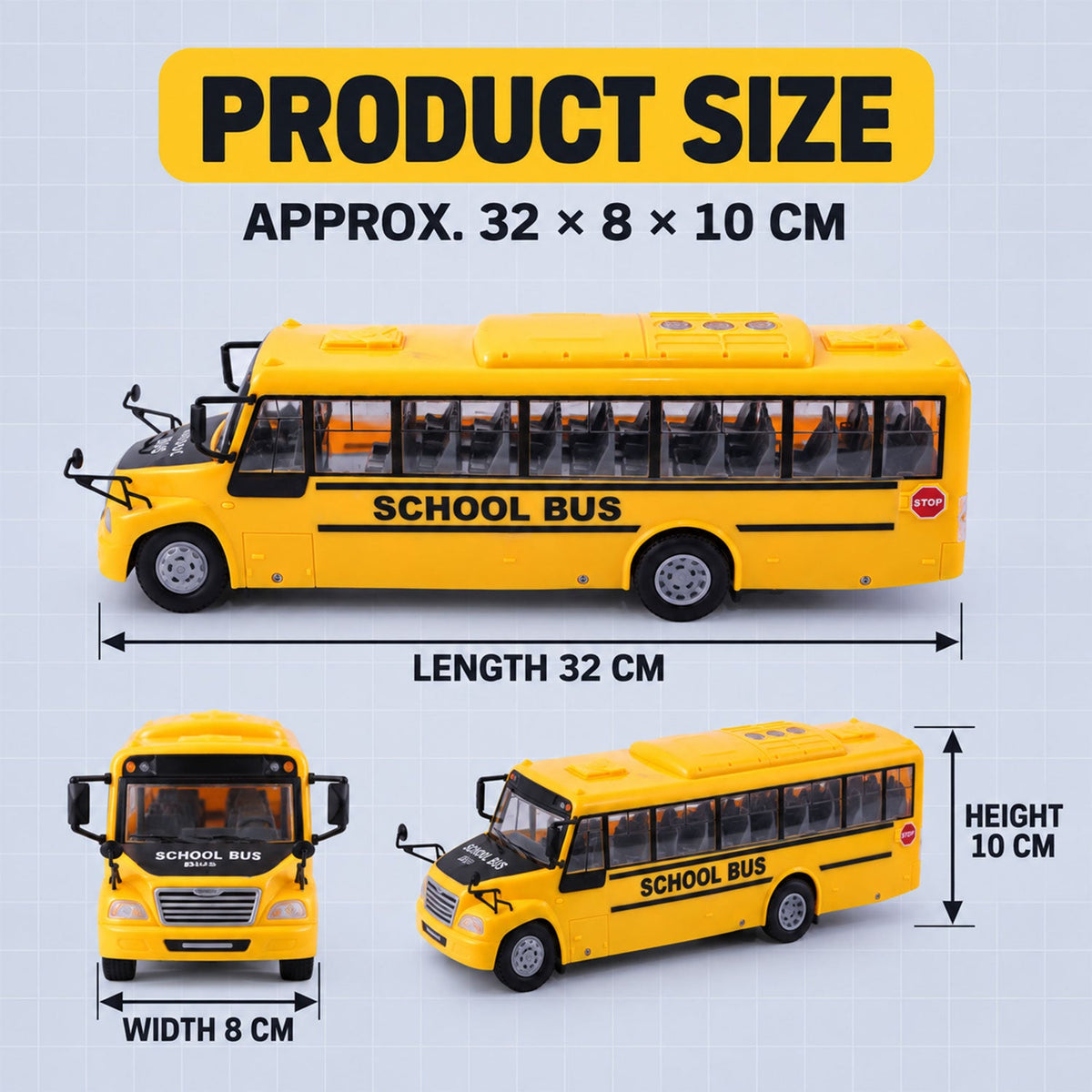 Three views of a yellow school bus toy with dimensions indicating its length of 32 cm, width of 8 cm, and height of 10 cm.