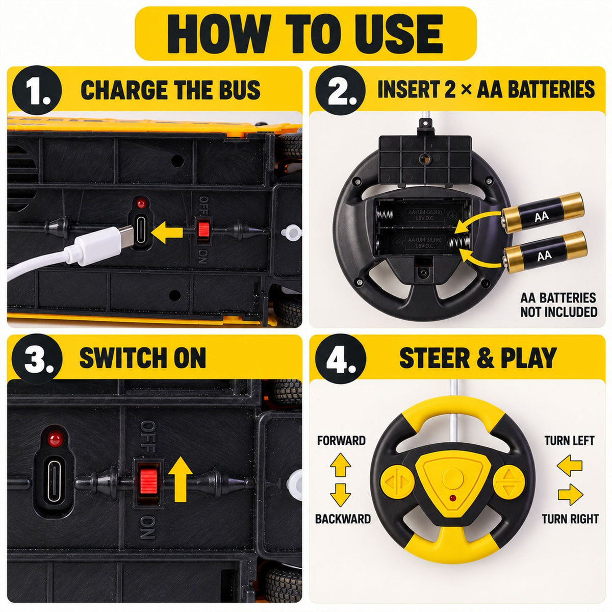 A four-panel graphic illustrating how to use the toy: charge the bus, insert batteries, switch on, and steer with the remote.