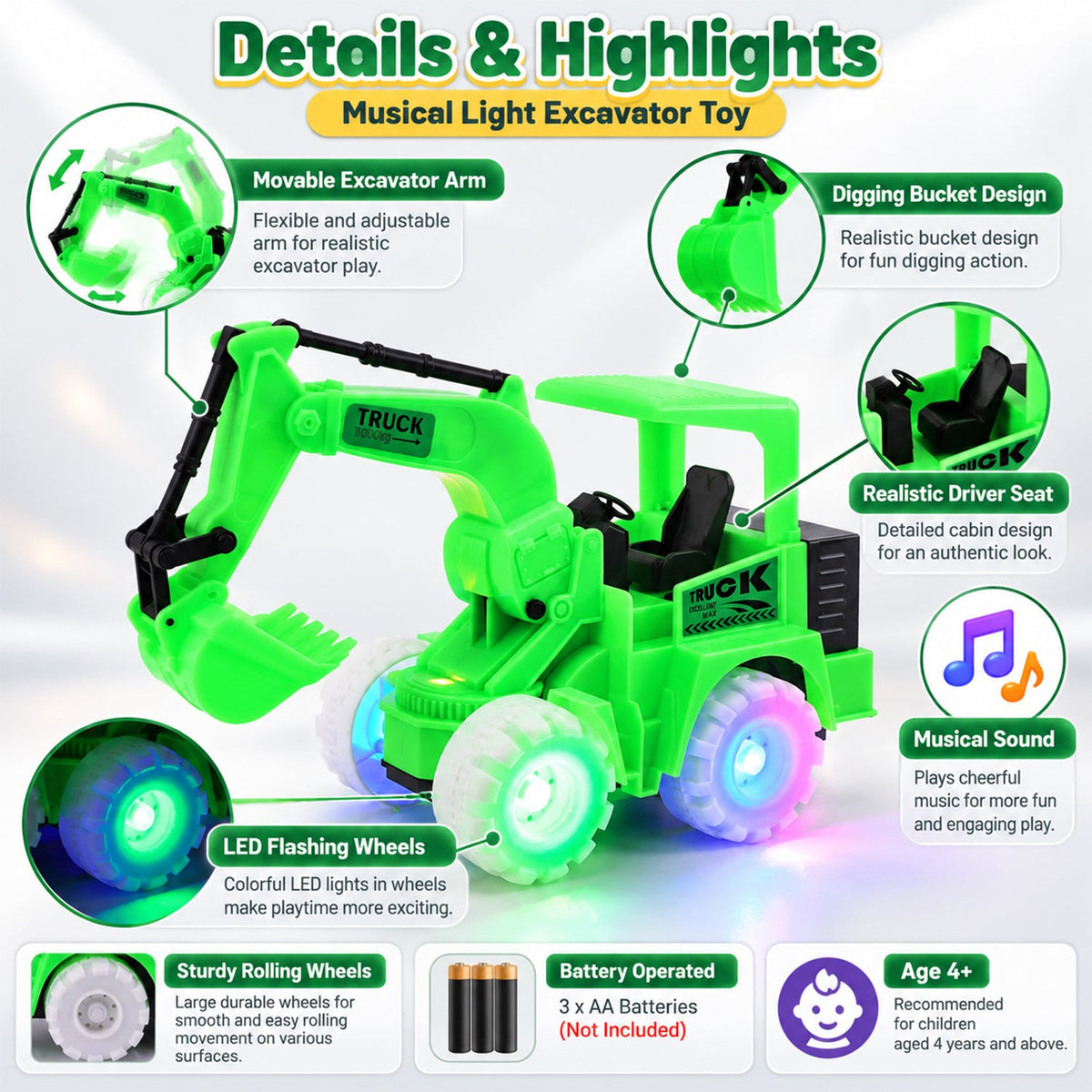 Construction excavator toy kids lights