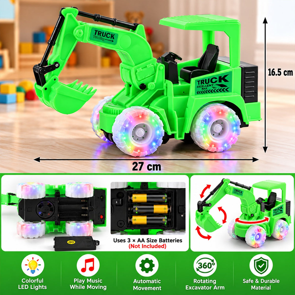 Excavator toy LED lights view