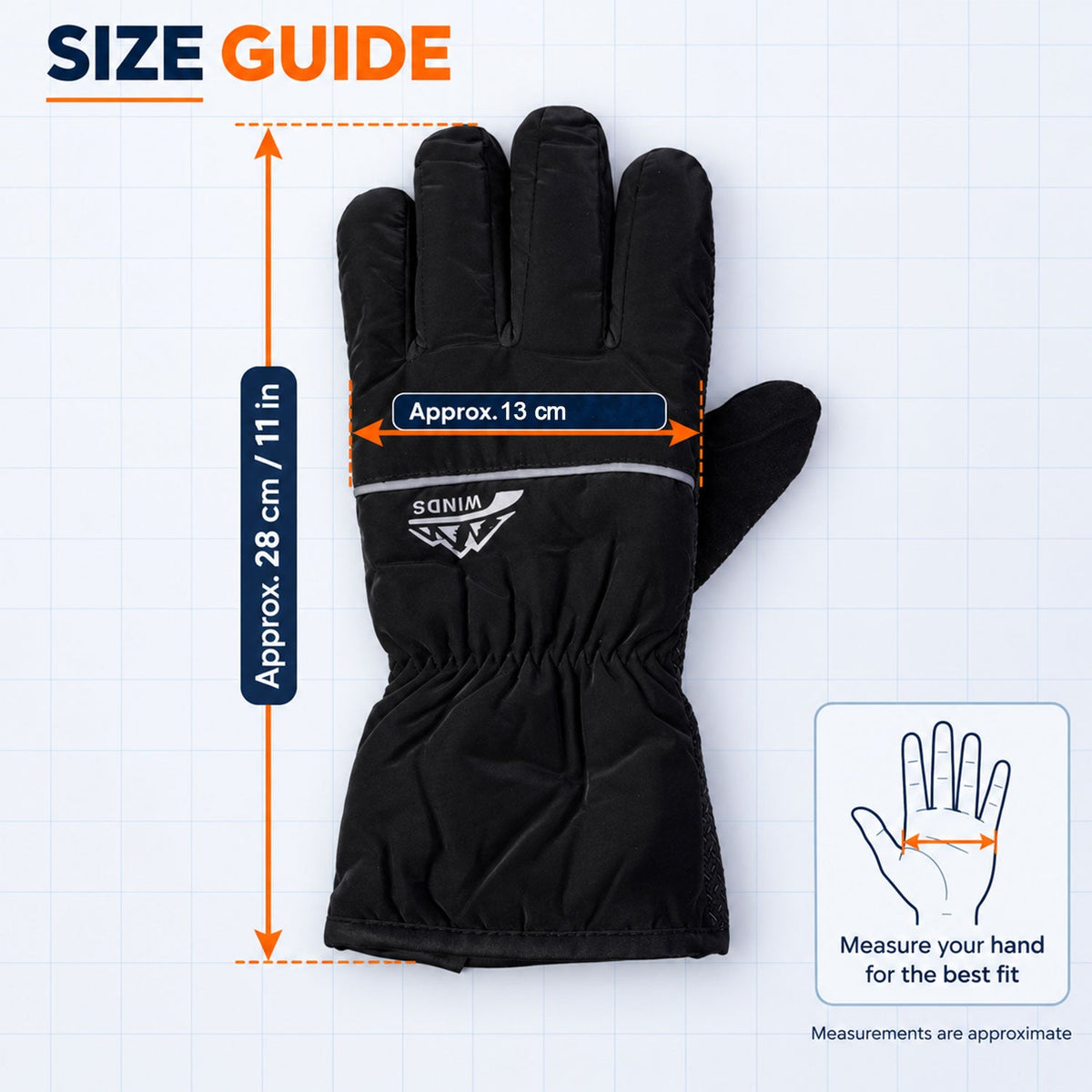 A size guide for the black glove, showing its length and width measurements with a hand illustration for reference.