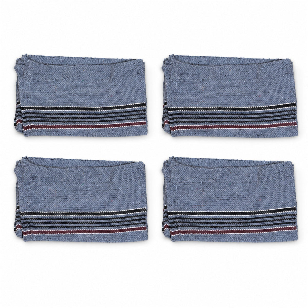 Four folded blue cleaning cloths with striped edges are arranged on a white surface.