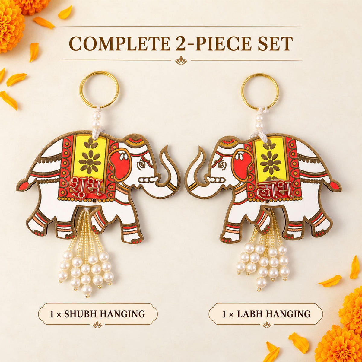 The complete two-piece set, with one "Shubh" and one "Labh" elephant hanging displayed side by side.