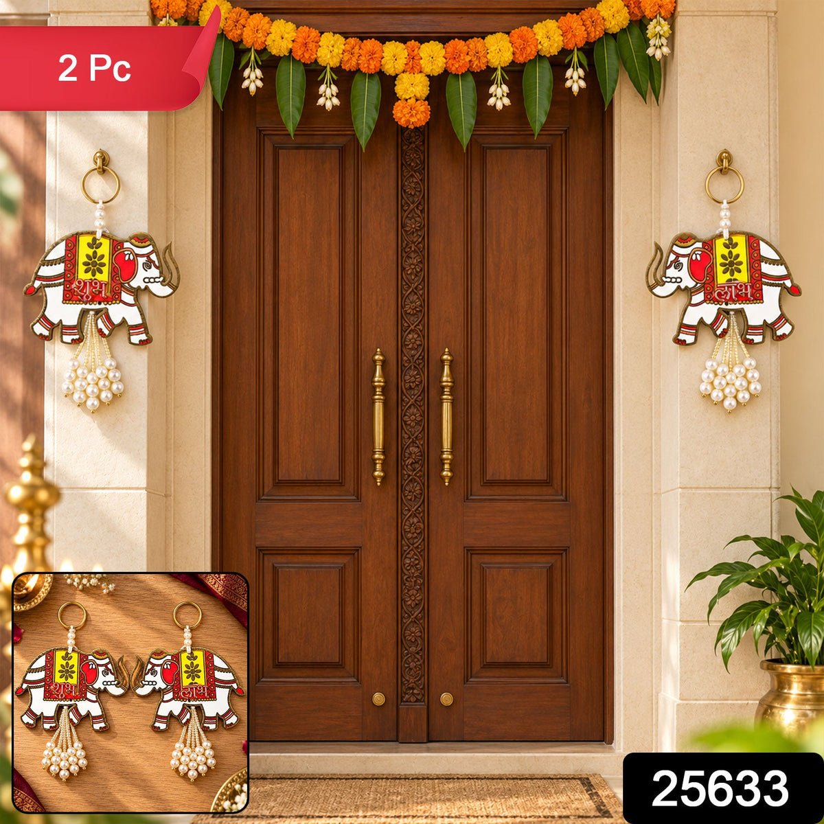 A pair of white and red elephant hangings with pearl tassels are shown on either side of a wooden door.