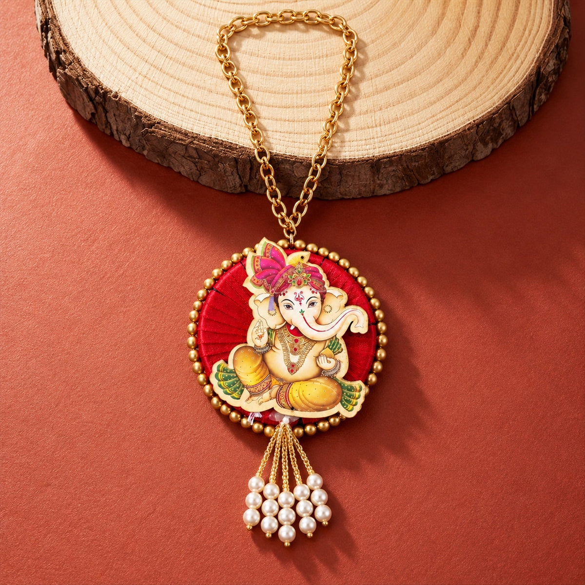 Ganesh decorative hanging with chain and bead tassels - close-up
