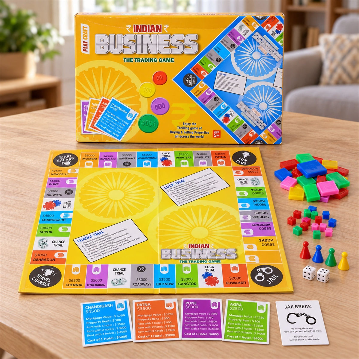 A yellow and blue Indian Business board game box sits behind the unfolded game board with colorful pieces and dice.