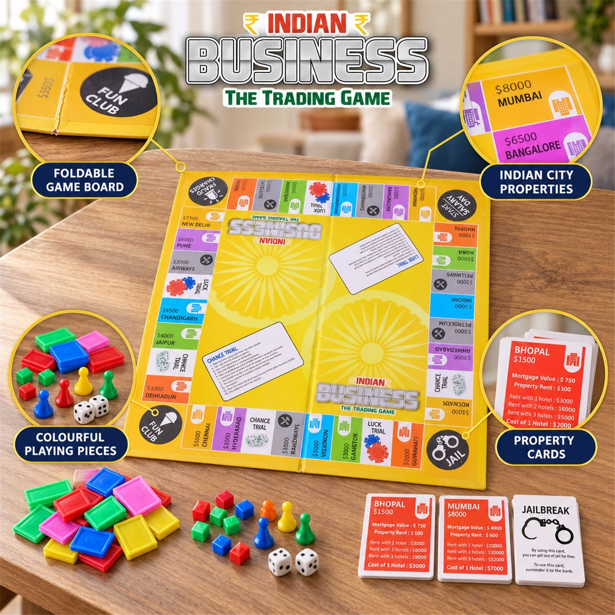 The Indian Business game board is displayed with callouts highlighting its foldable design, colorful pieces, and property