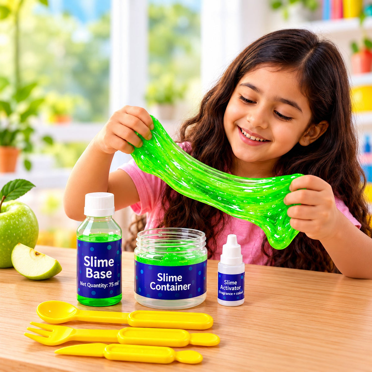 A smiling girl stretches bright green slime with white glitter, surrounded by a slime kit and green apple slices.