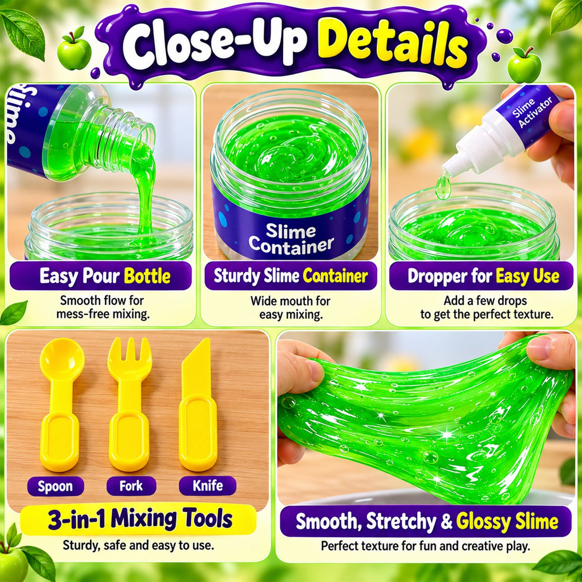 Close-up details of the slime kit components: pouring, container, dropper, mixing tools, and stretched slime.