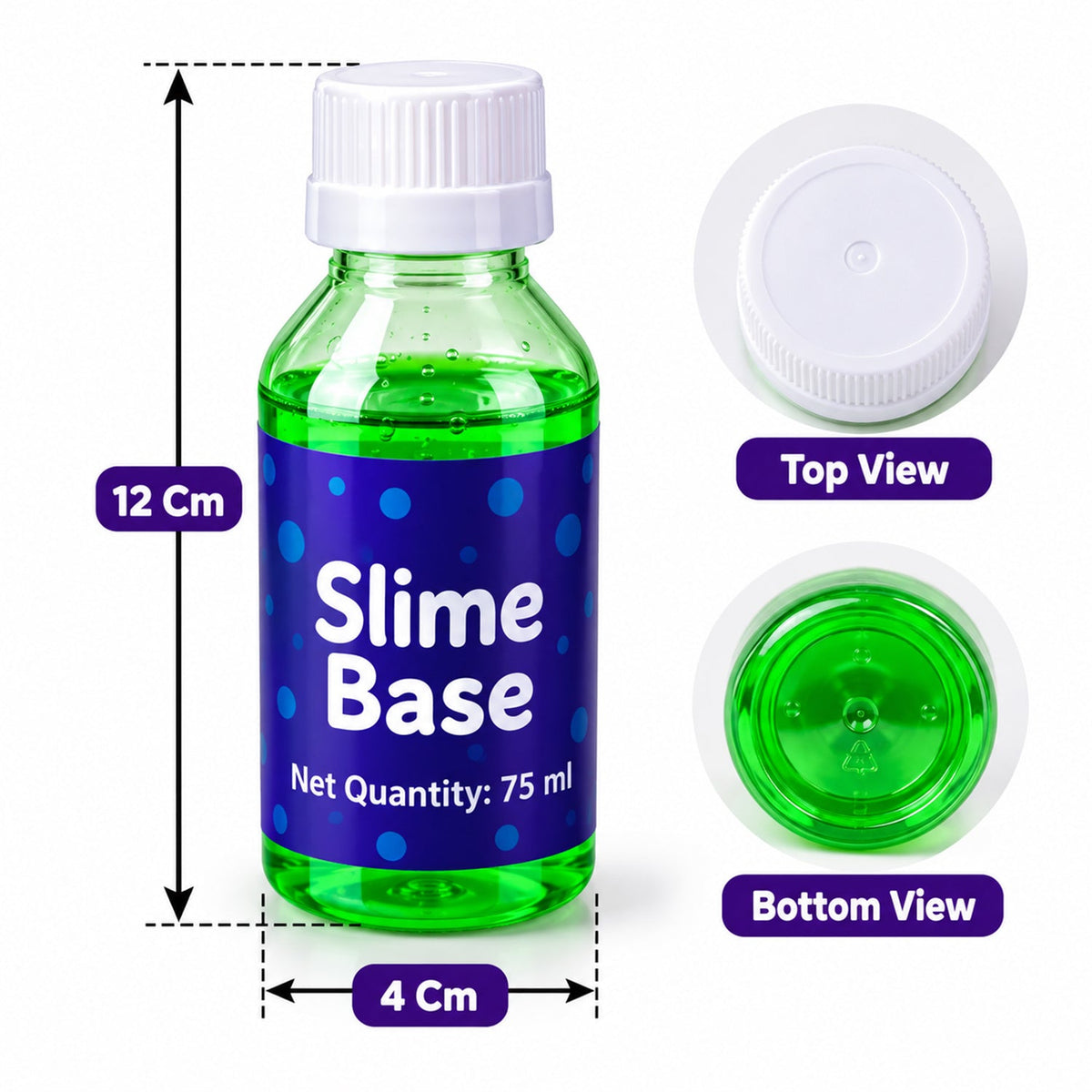 A green slime base bottle with white cap, showing its dimensions and top and bottom views.