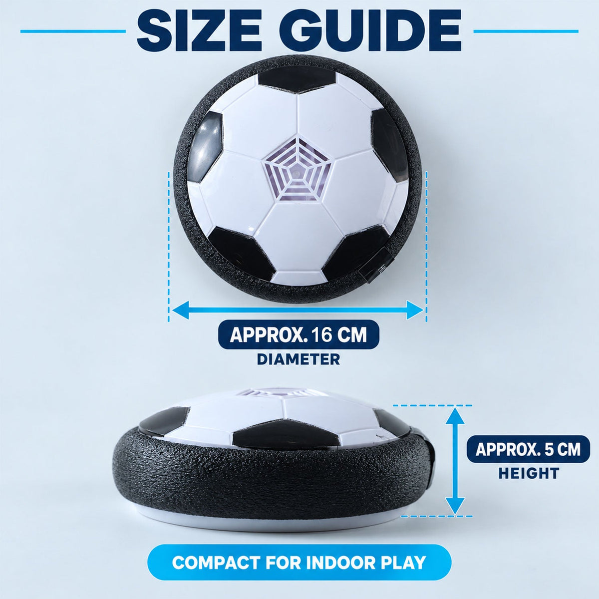 Two views of the hoverball soccer toy with dimensions: 16 cm diameter and 5 cm height, on a blue background.
