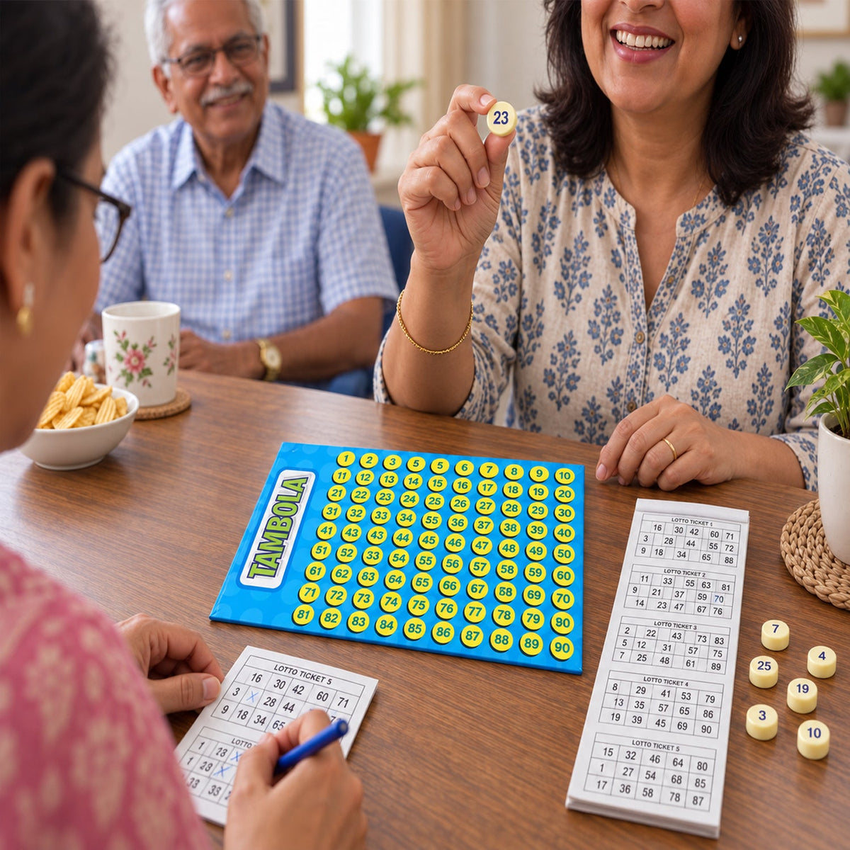 Three people are playing Tambola at a wooden table, with one woman holding up a yellow number token, and game pieces in