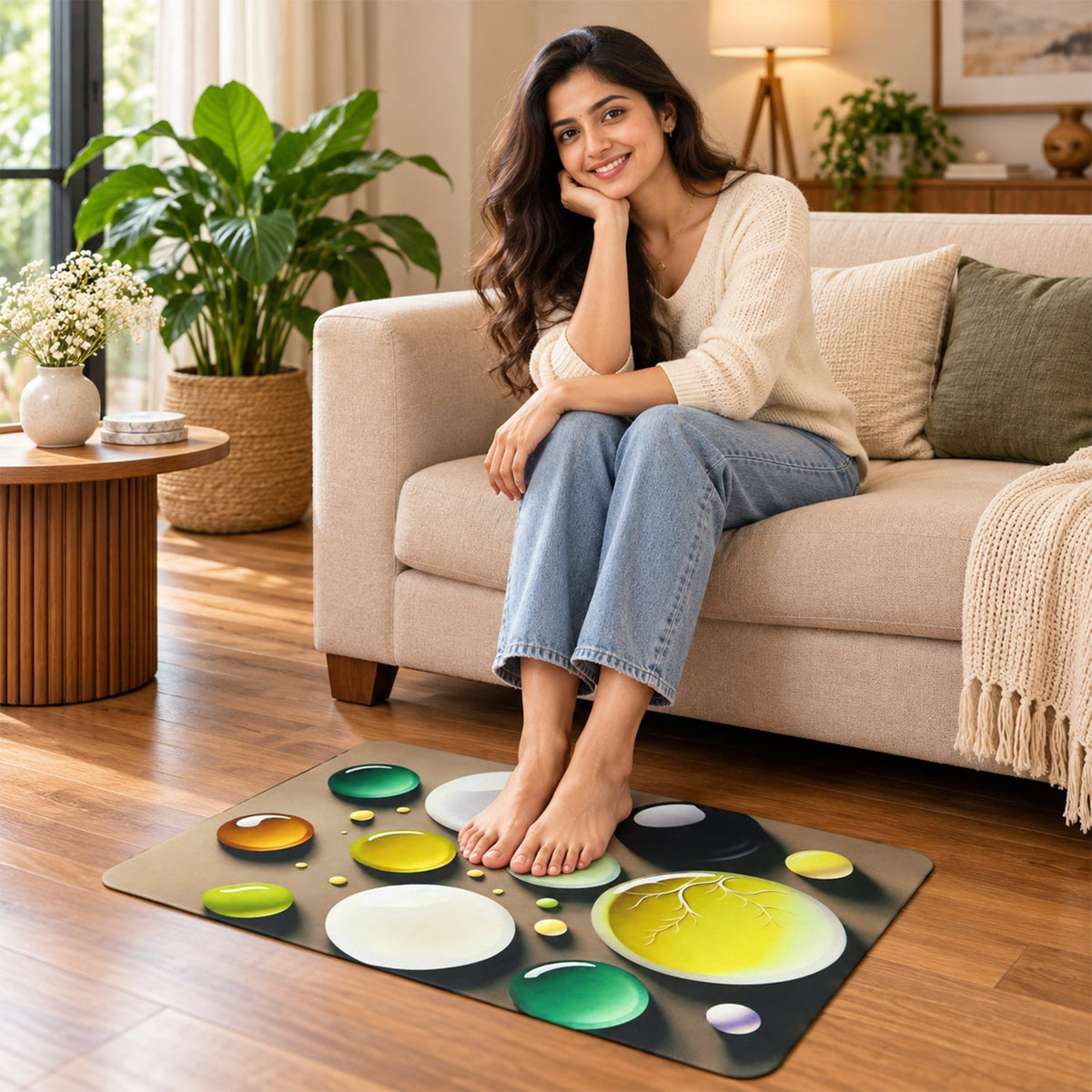 A smiling woman sits on a beige sofa, with her bare feet resting on a brown mat featuring colorful bubble patterns.