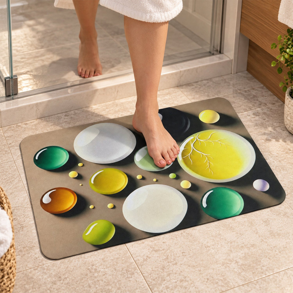 Bare feet step onto a brown mat with a vibrant bubble design, placed outside a shower stall.