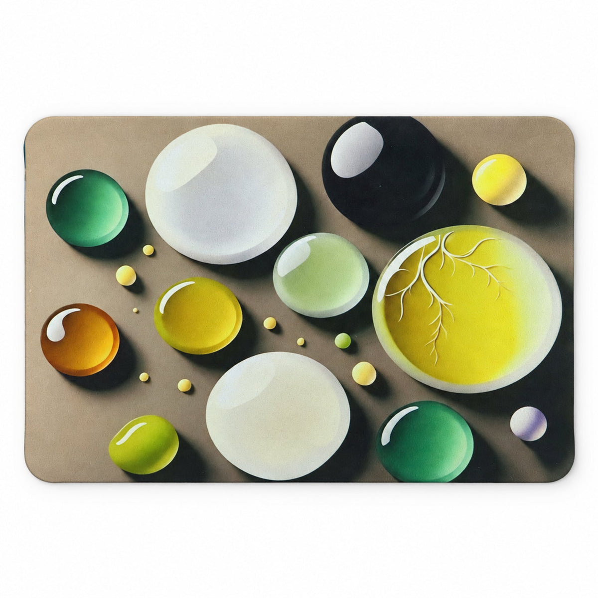 A rectangular brown mat with a 3D bubble print in various sizes and colors, including green, yellow, white, and black.