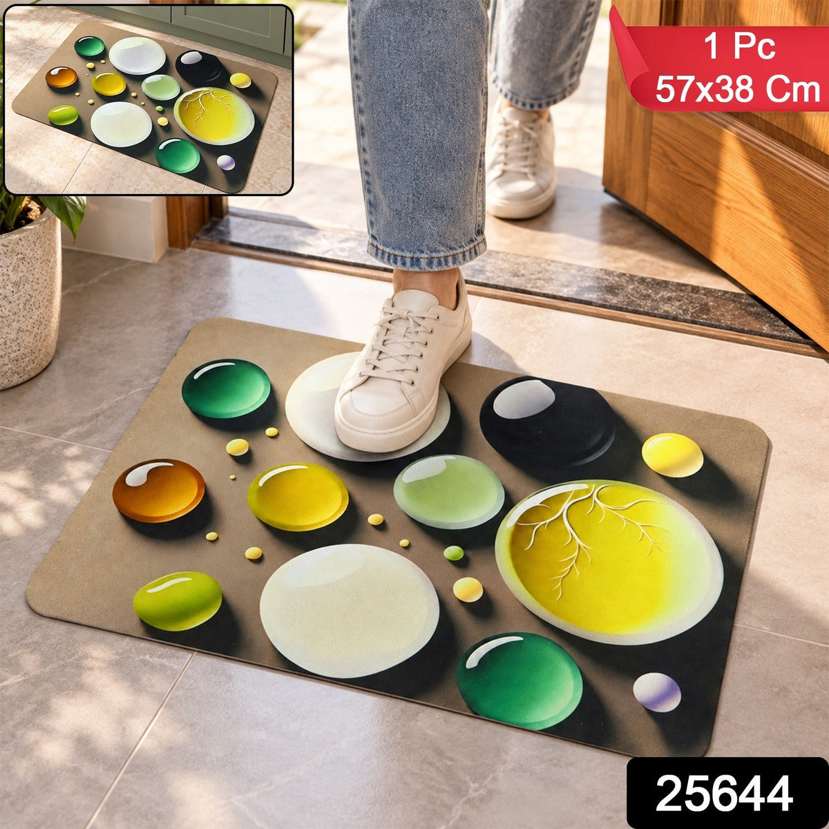 A brown mat with various sized, colorful bubble designs sits near an open door, with a person's feet in sneakers.