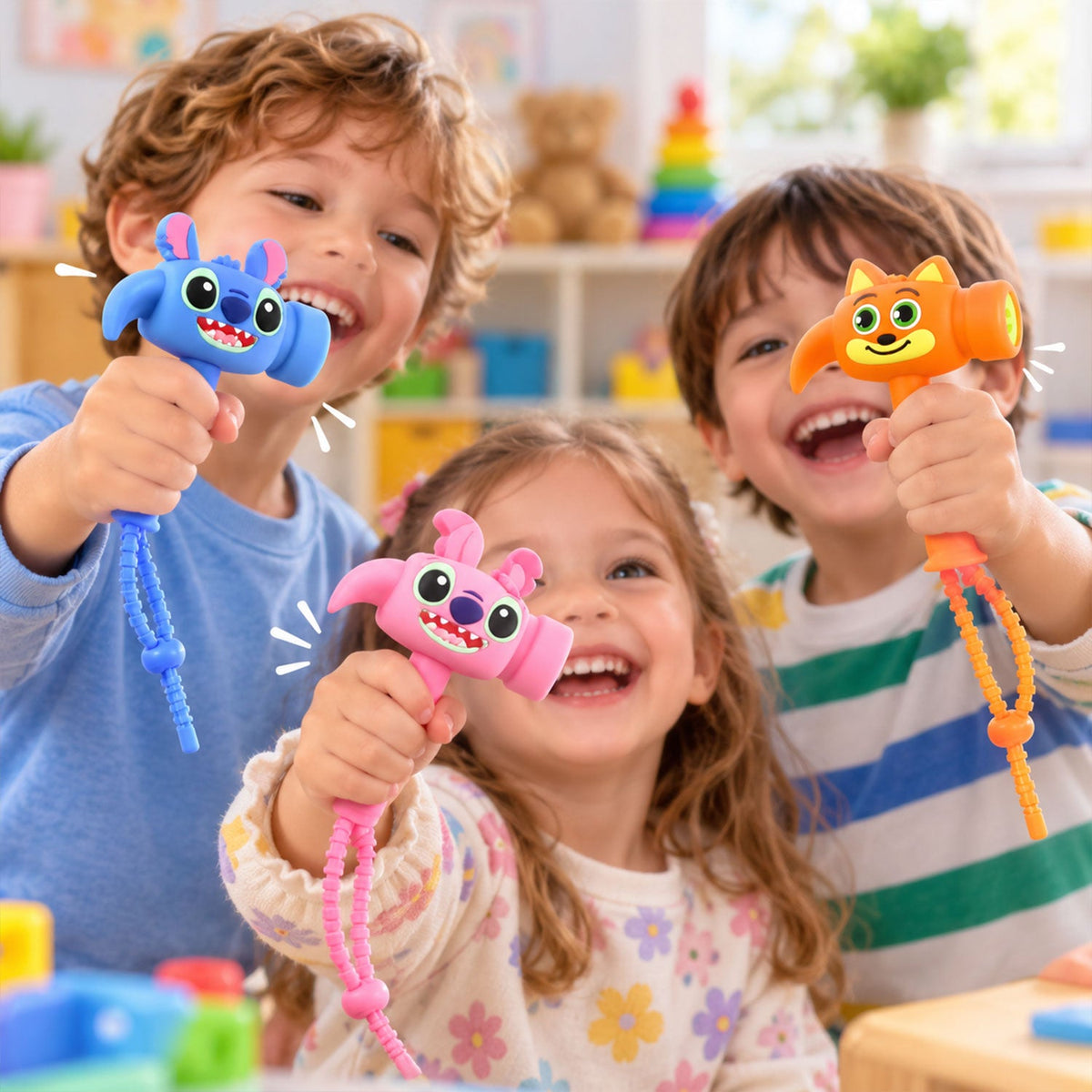 Three smiling children hold up blue, pink, and orange cartoon character hammer keychains, playing together joyfully.