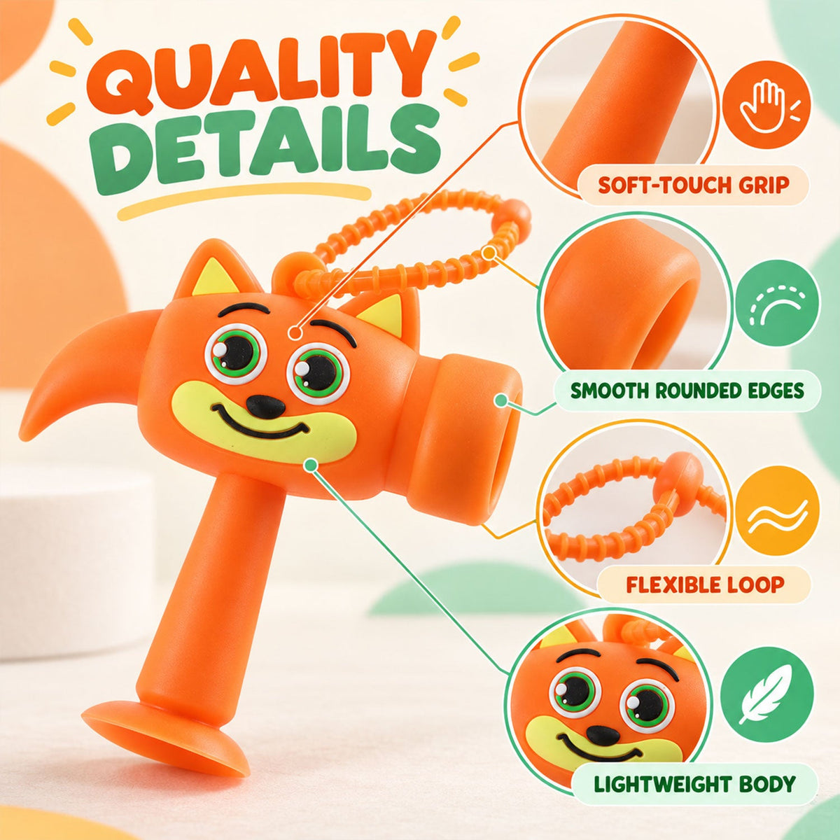 Close-up of an orange cartoon fox hammer keychain, highlighting its soft-touch grip, smooth edges, flexible loop, and
