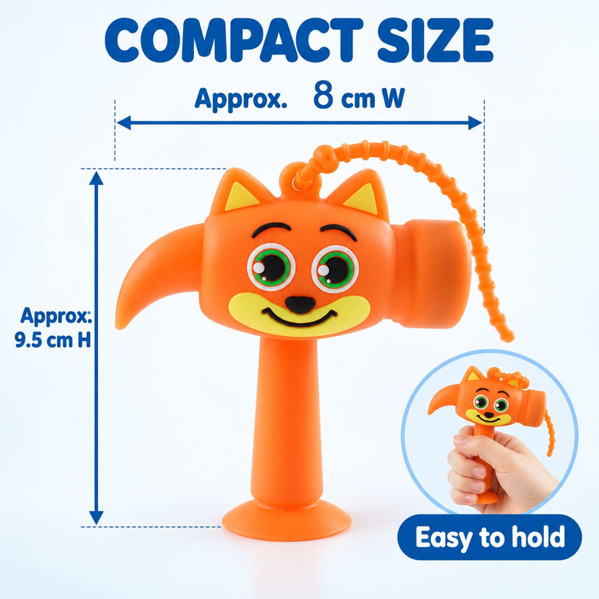 An orange cartoon fox hammer keychain with dimensions: approximately 9.5 cm high and 8 cm wide, with an inset showing it