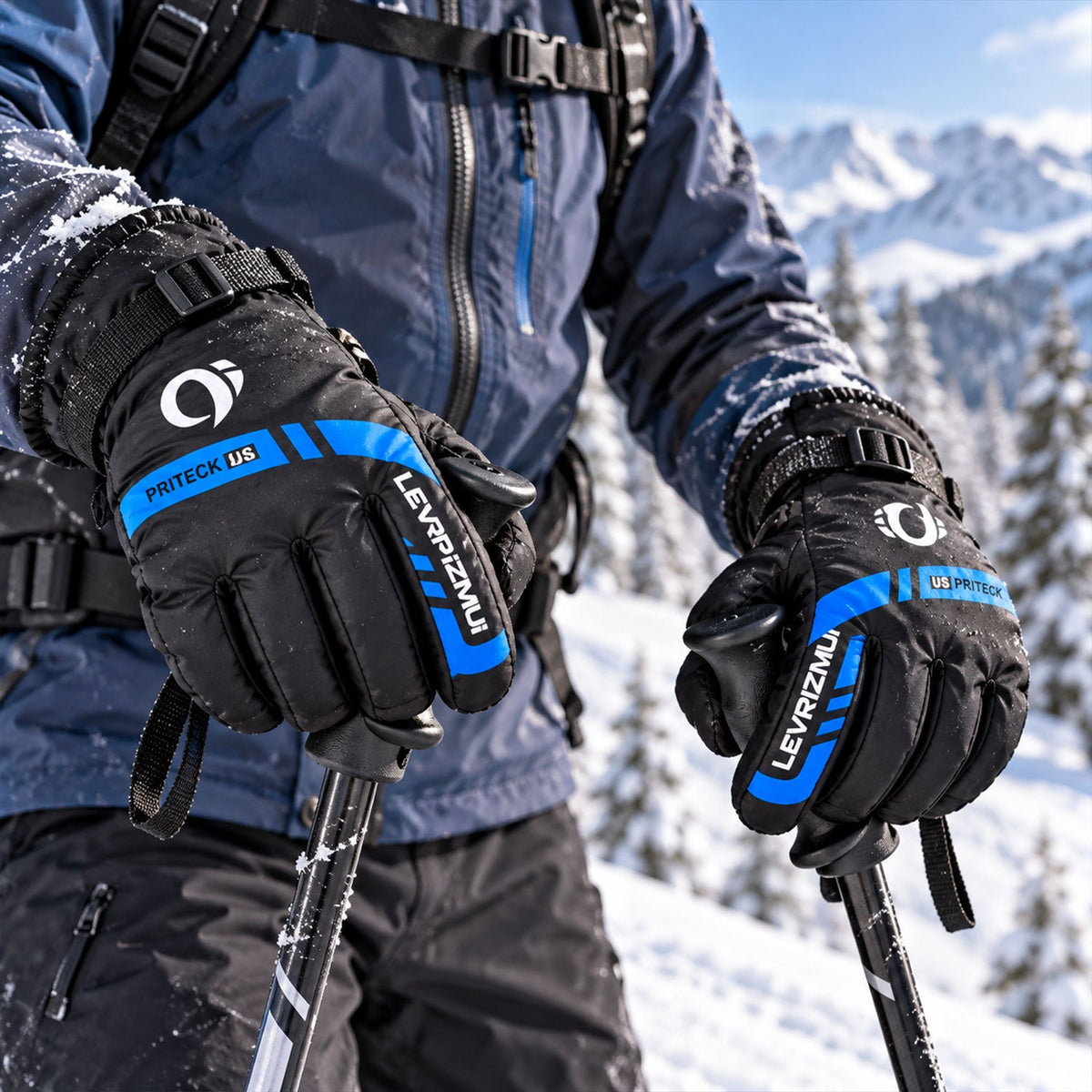 A person wearing black and blue winter gloves holding ski poles in a snowy mountain landscape.